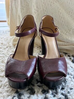 Michael Kors Platform Peep-Toe Ankle-Strap Heels in Burgundy